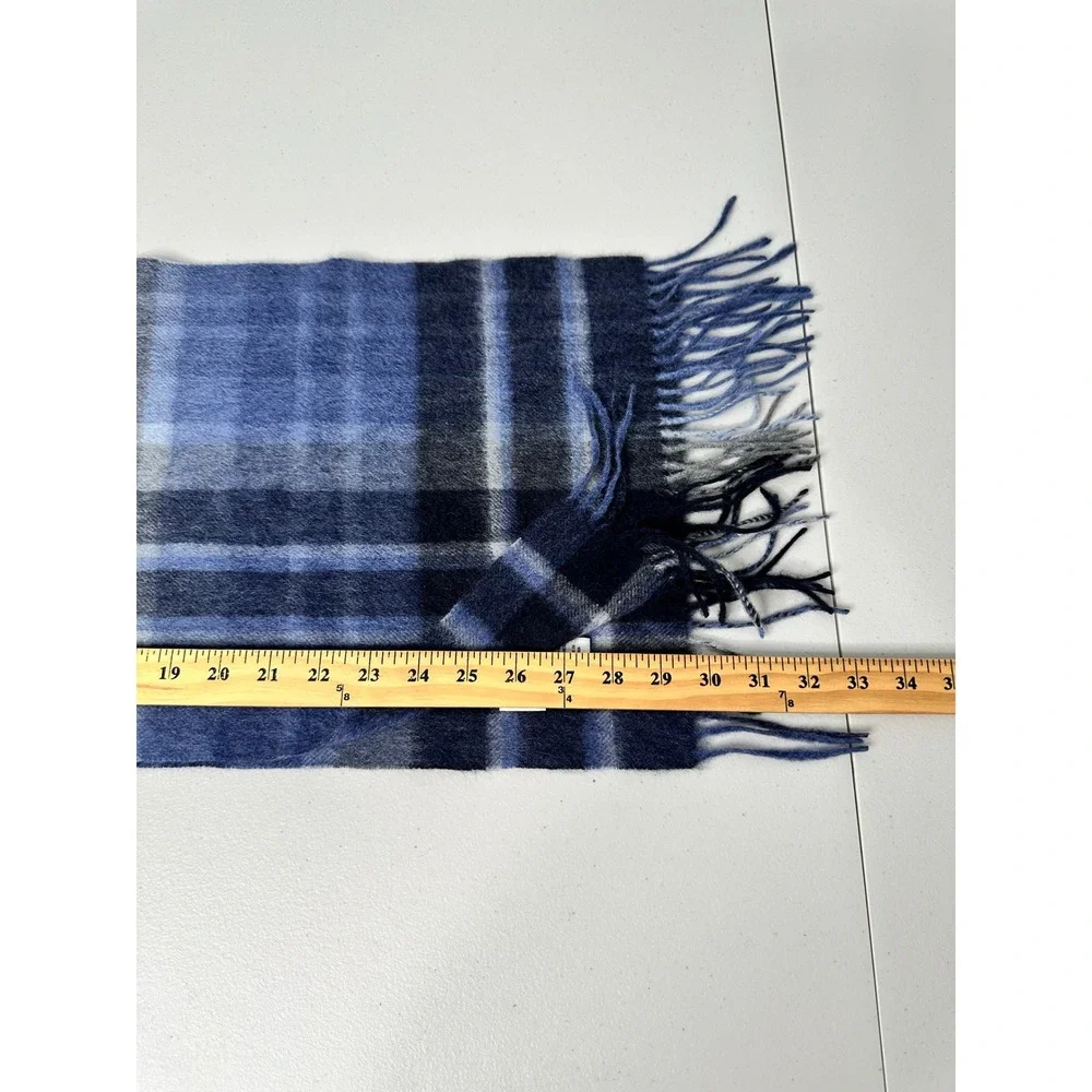 Joseph Abboud Scarf 100% Cashmere Blue Navy‎ Grey Plaid Fringed Preppy